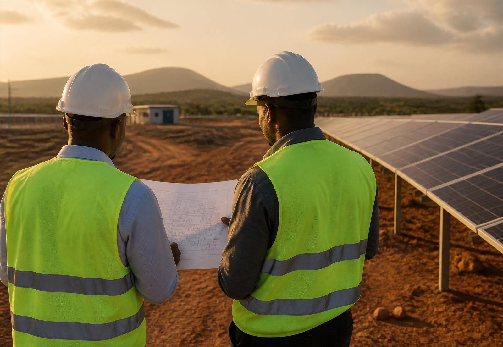 Engineers reviewing plans on a solar project site