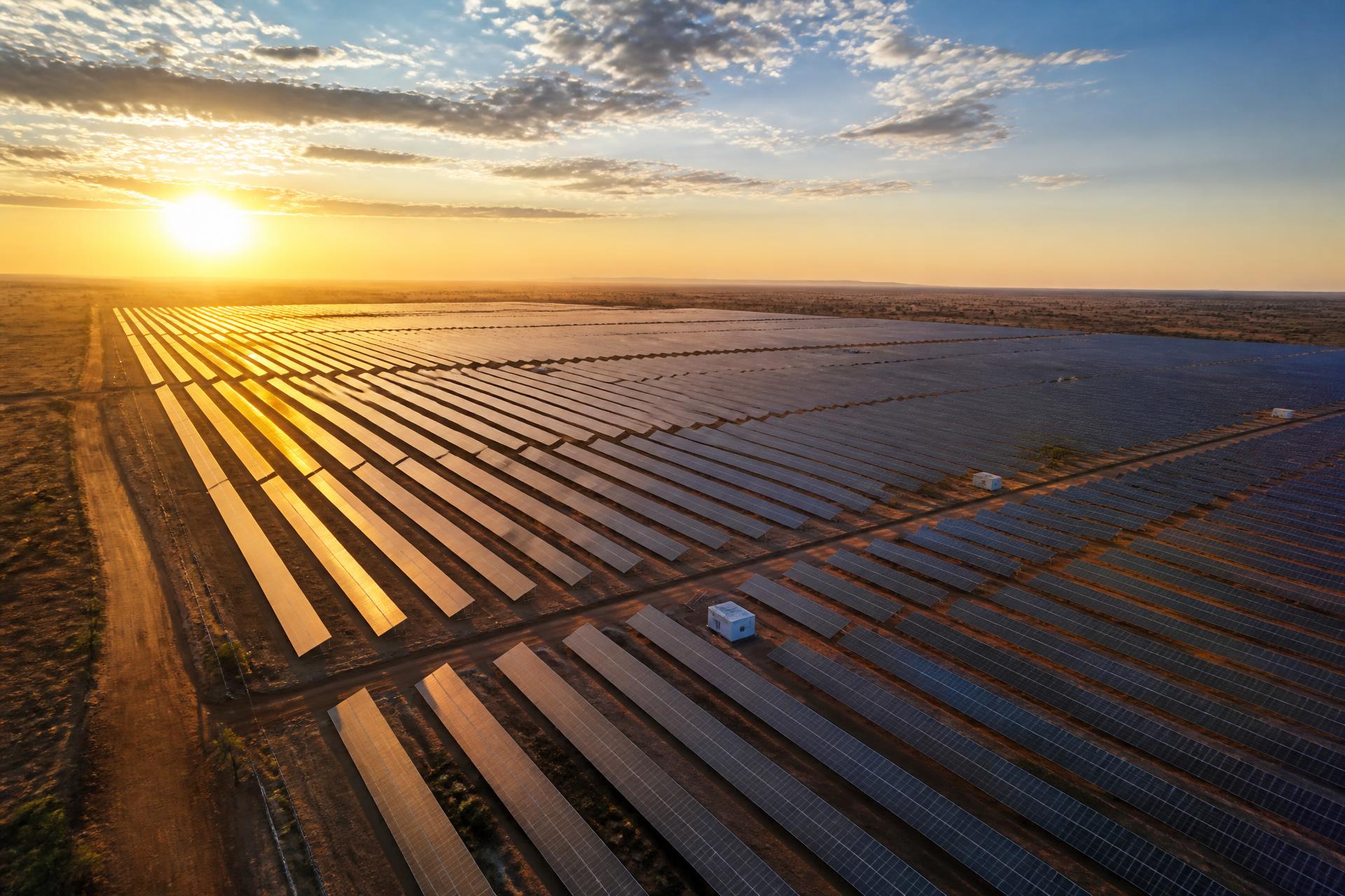 Utility-scale solar farm at golden hour