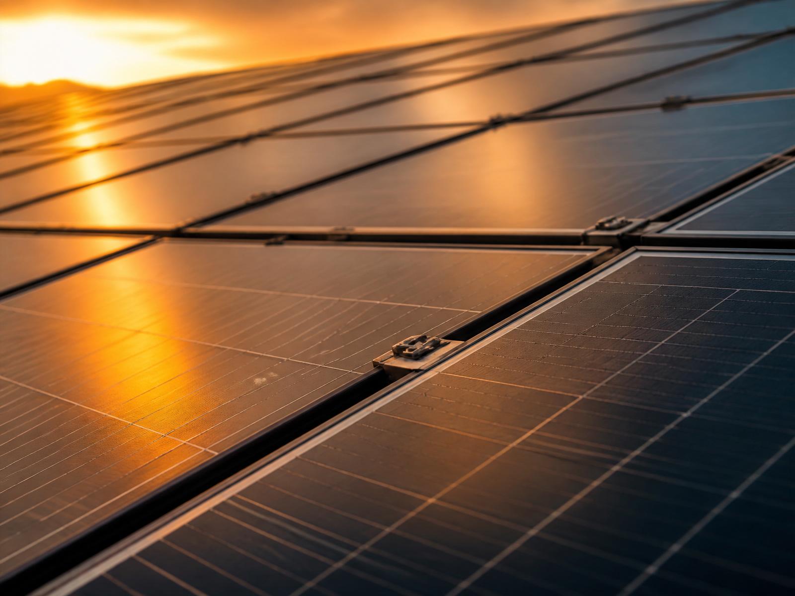Solar panels reflecting golden light